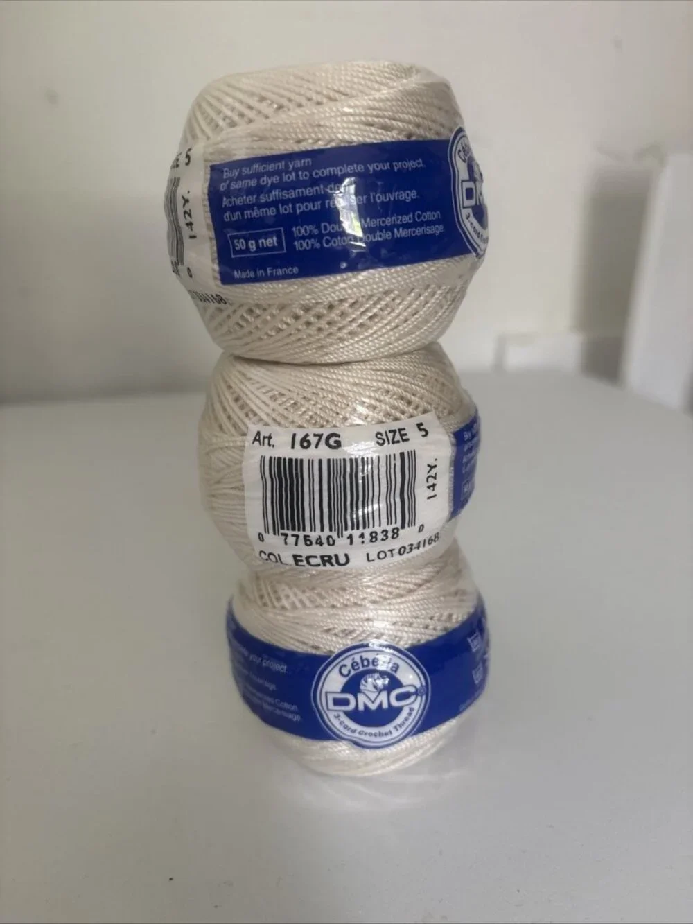 3x DMC Cebelia 3 cord Crochet Thread Color ECRU Size 5, 142 yds